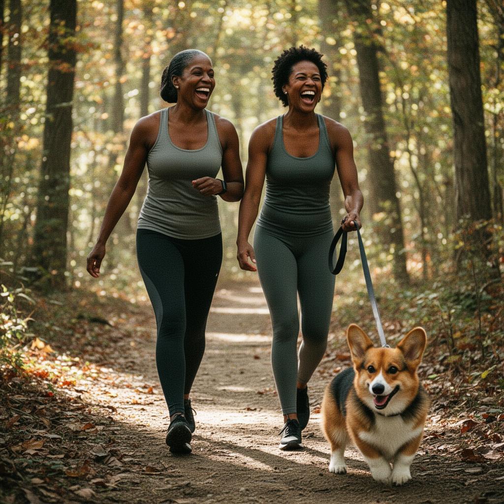 Woman walking her sable corgi on a sunlit trail