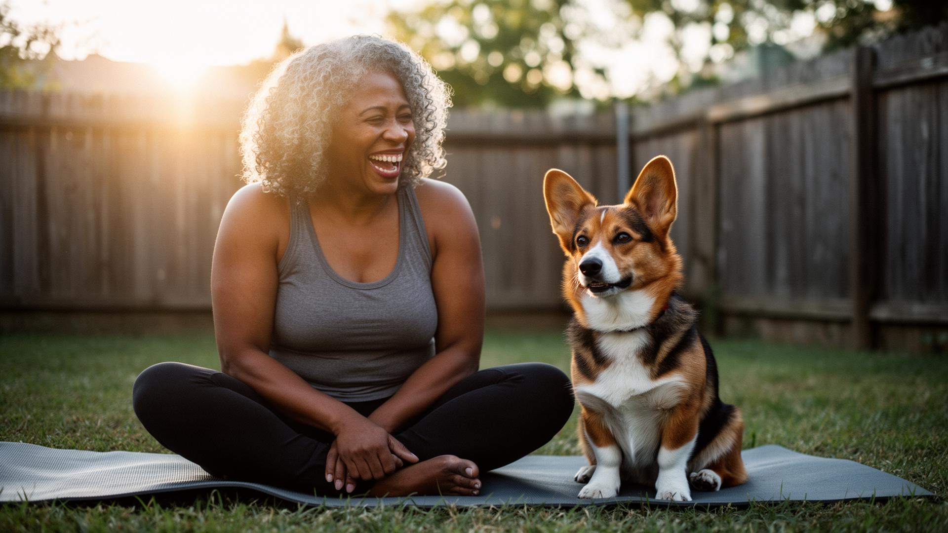 Woman over 40 doing yoga in a sunlit garden with her sable corgi